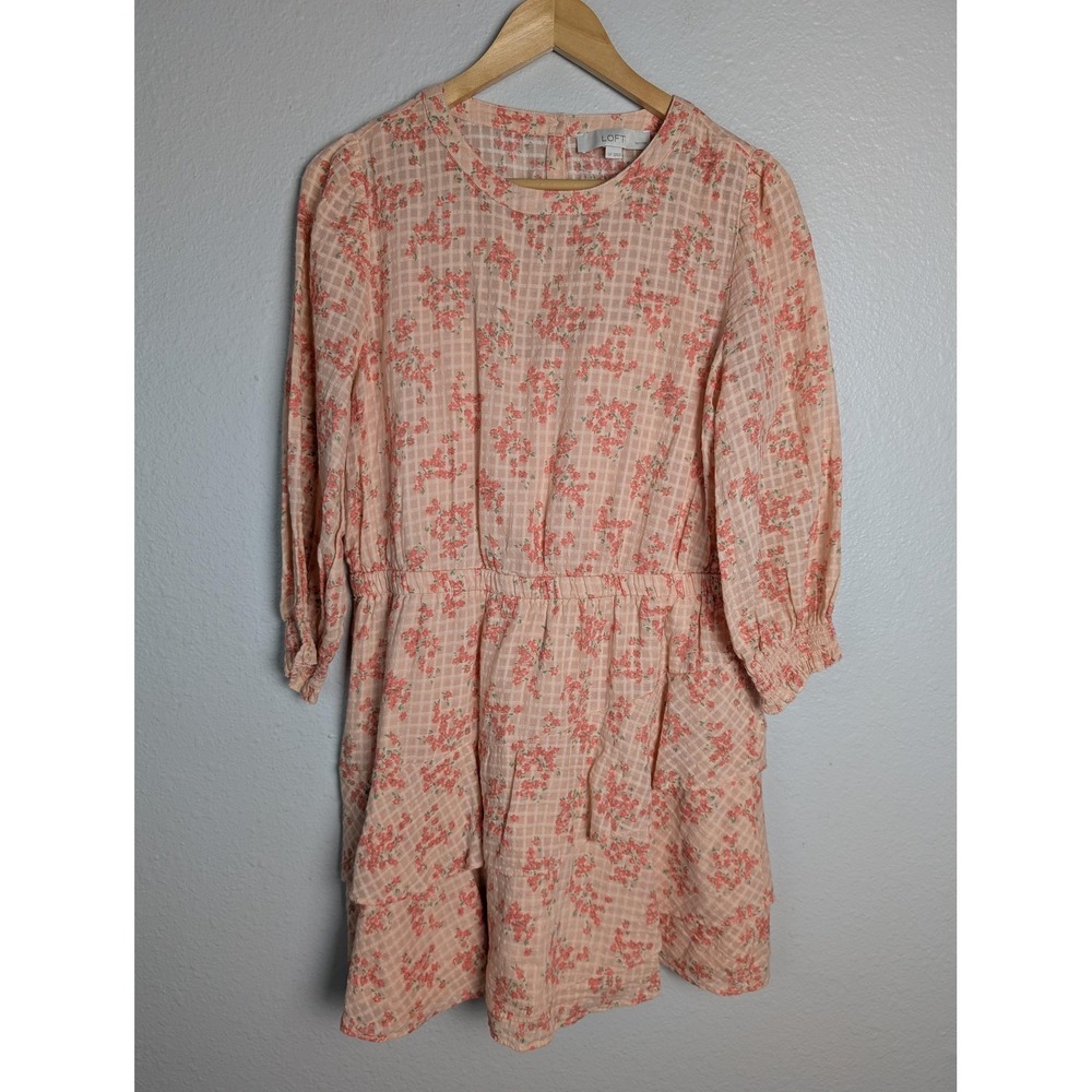 LOFT Dress Womens LP Pink Fit & Flare Short Floral 3/4 Sleeve Lined Layered